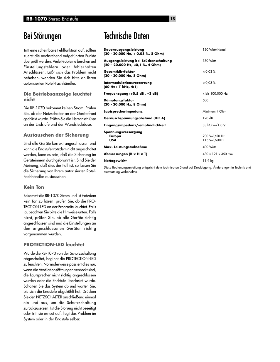 Technische daten, Bei störungen | ROTEL High Current Two Channel Amplifier RB-1070 User Manual | Page 18 / 35