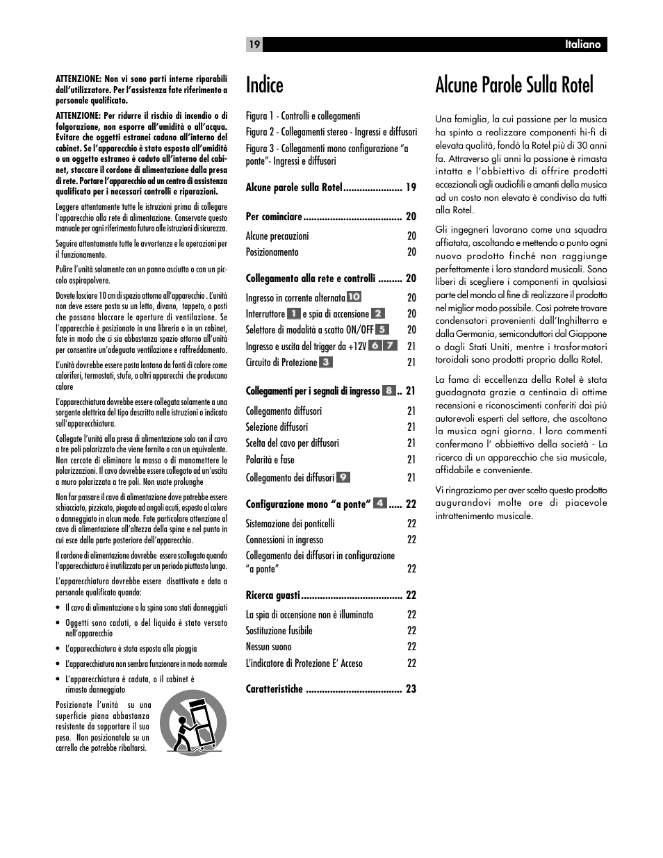 Alcune parole sulla rotel, Indice | ROTEL High Current Two Channel Amplifier RB-1070 User Manual | Page 19 / 35