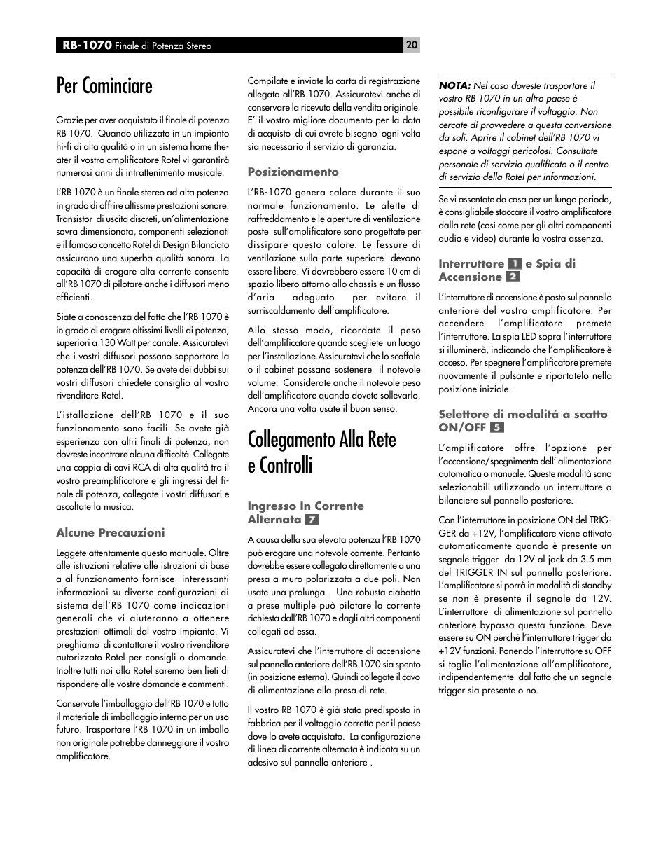 Per cominciare, Collegamento alla rete e controlli | ROTEL High Current Two Channel Amplifier RB-1070 User Manual | Page 20 / 35