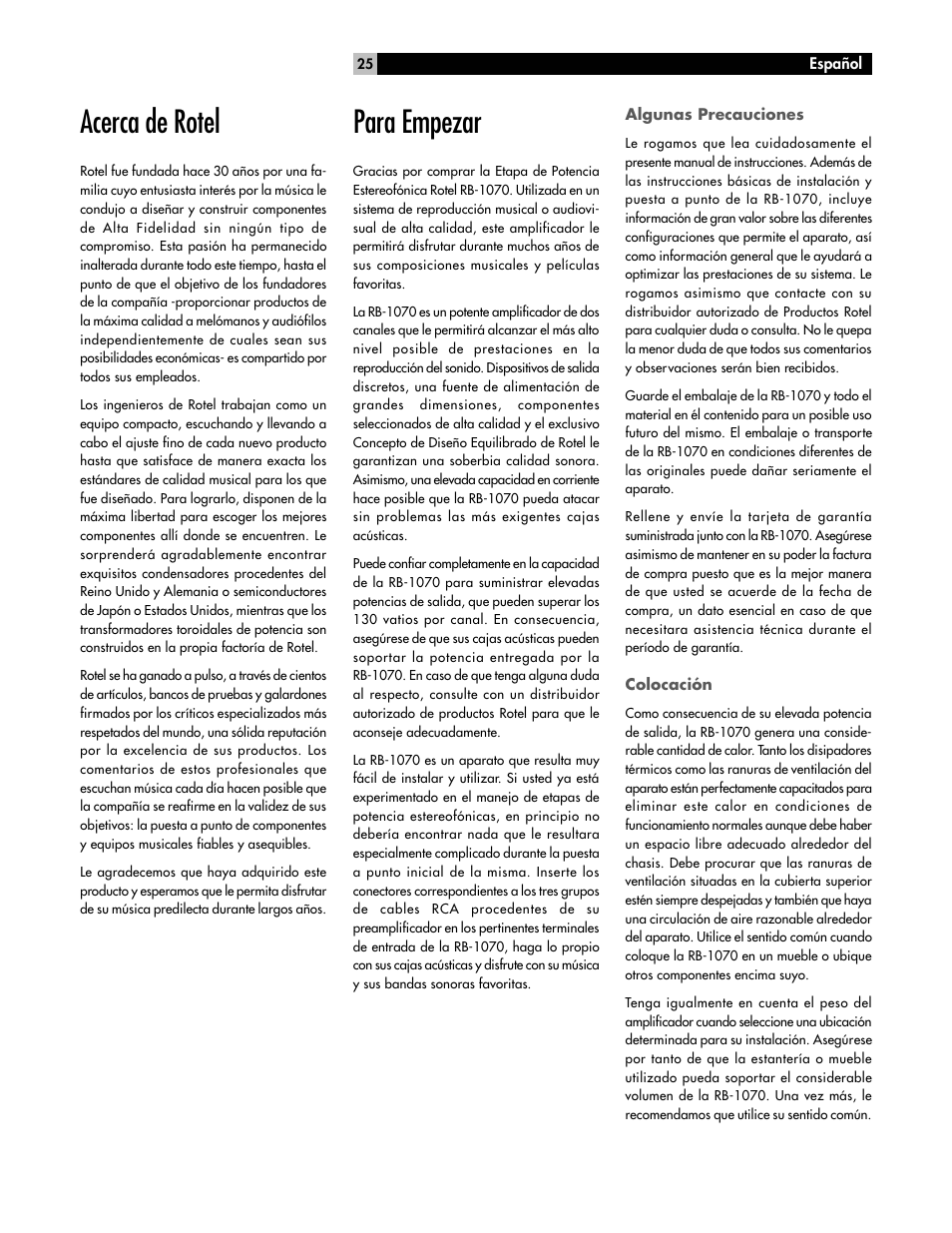 Acerca de rotel, Para empezar | ROTEL High Current Two Channel Amplifier RB-1070 User Manual | Page 25 / 35