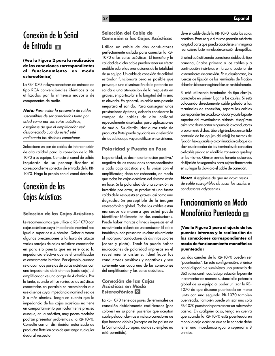 Conexión de la señal de entrada, Conexión de las cajas acústicas, Funcionamiento en modo monofónico puenteado | ROTEL High Current Two Channel Amplifier RB-1070 User Manual | Page 27 / 35