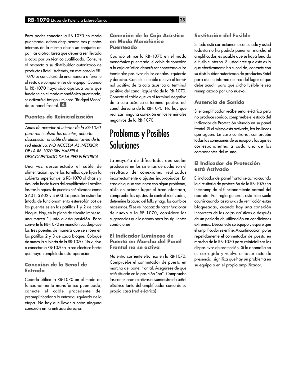 Problemas y posibles soluciones | ROTEL High Current Two Channel Amplifier RB-1070 User Manual | Page 28 / 35