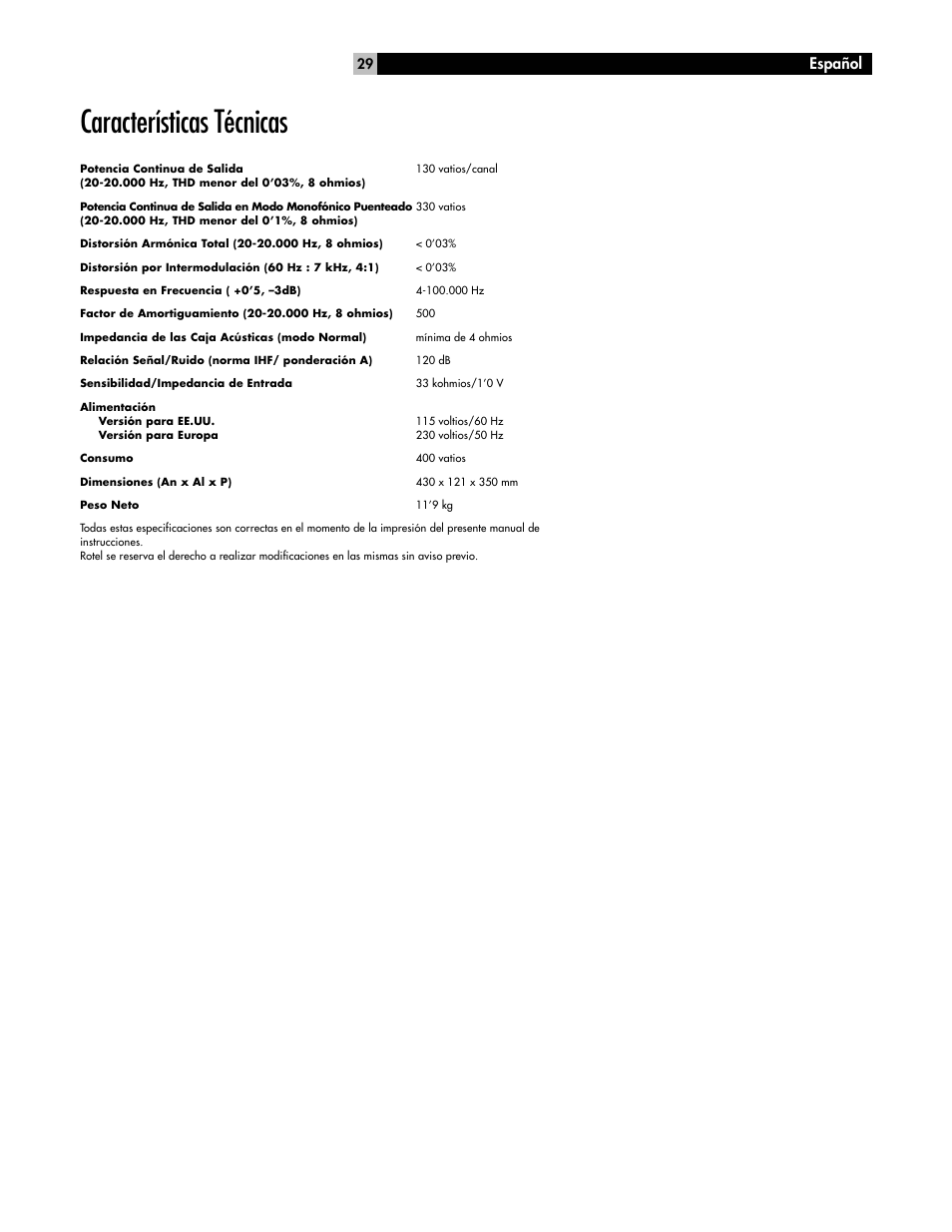 Características técnicas, Español | ROTEL High Current Two Channel Amplifier RB-1070 User Manual | Page 29 / 35
