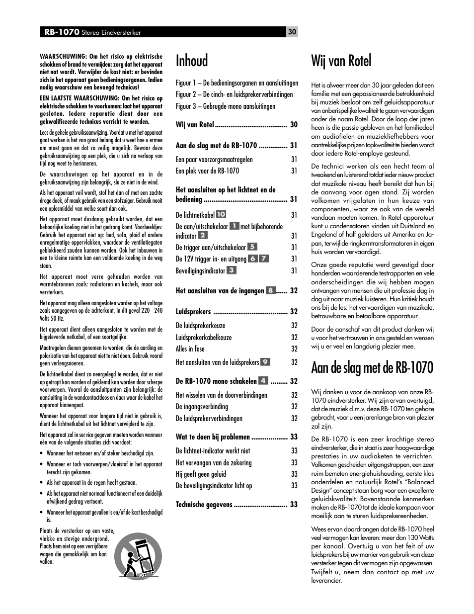 Wij van rotel, Aan de slag met de rb-1070, Inhoud | ROTEL High Current Two Channel Amplifier RB-1070 User Manual | Page 30 / 35