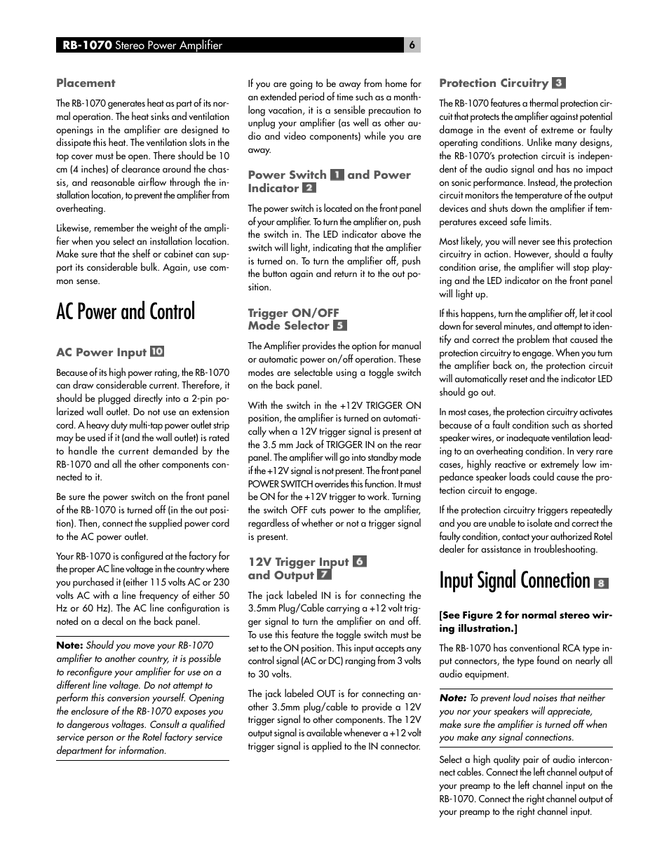 Ac power and control, Input signal connection | ROTEL High Current Two Channel Amplifier RB-1070 User Manual | Page 6 / 35