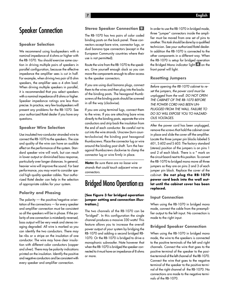 Speaker connection, Bridged mono operation | ROTEL High Current Two Channel Amplifier RB-1070 User Manual | Page 7 / 35