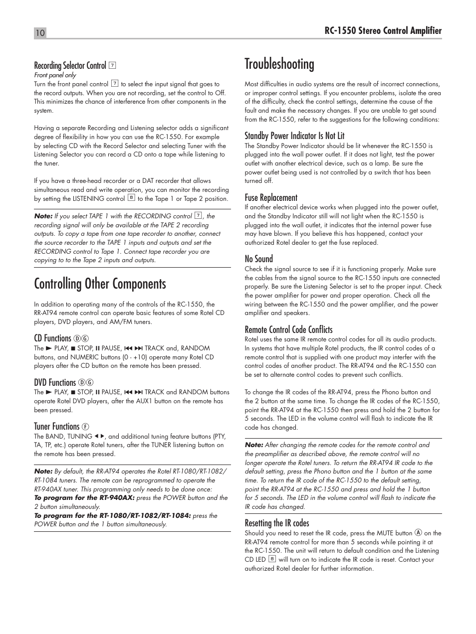 Controlling other components, Troubleshooting, Cd functions dg | Dvd functions dg, Tuner functions f, Standby power indicator is not lit, Fuse replacement, No sound, Remote control code conflicts, Resetting the ir codes | ROTEL RC-1550 User Manual | Page 10 / 64