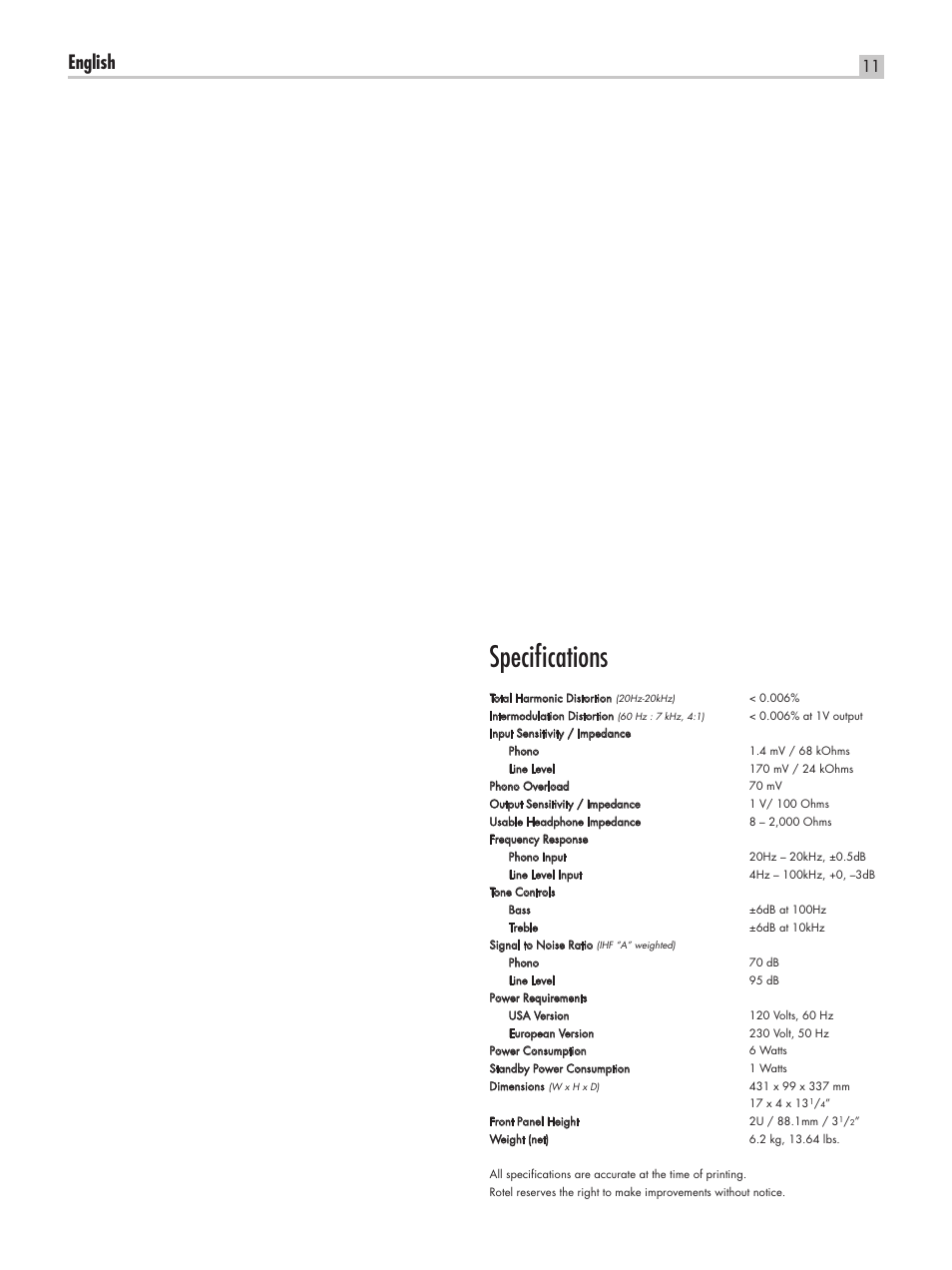Specifications, English | ROTEL RC-1550 User Manual | Page 11 / 64