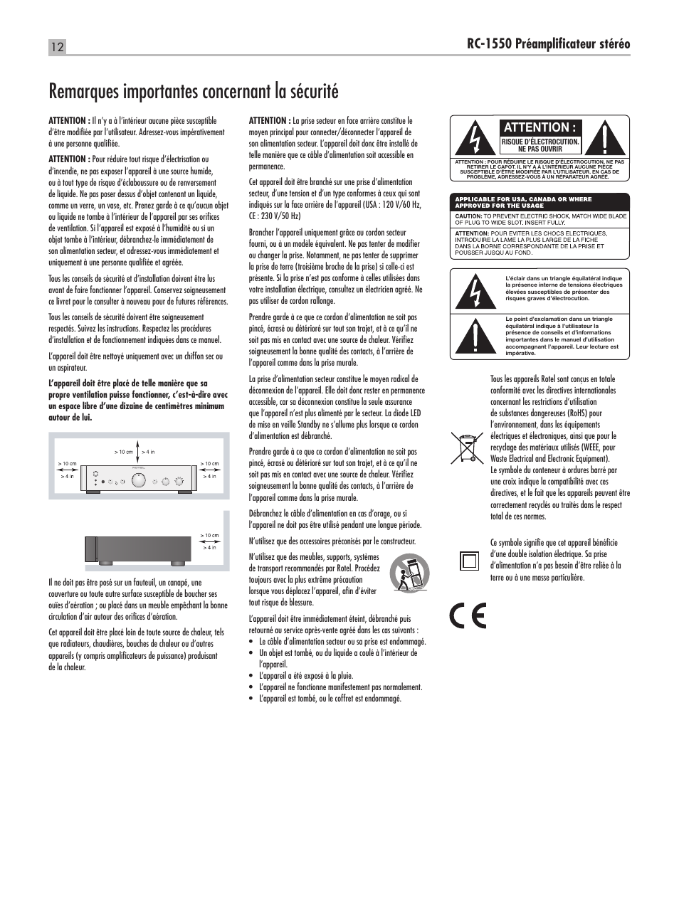 Remarques importantes concernant la sécurité, Rc-1550 préamplificateur stéréo, Attention | ROTEL RC-1550 User Manual | Page 12 / 64