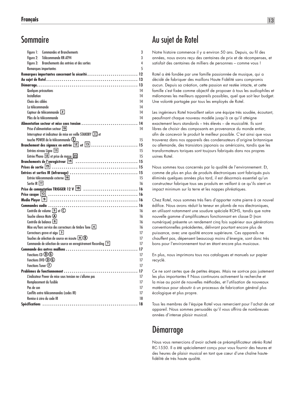 Au sujet de rotel, Démarrage, Sommaire | Français | ROTEL RC-1550 User Manual | Page 13 / 64