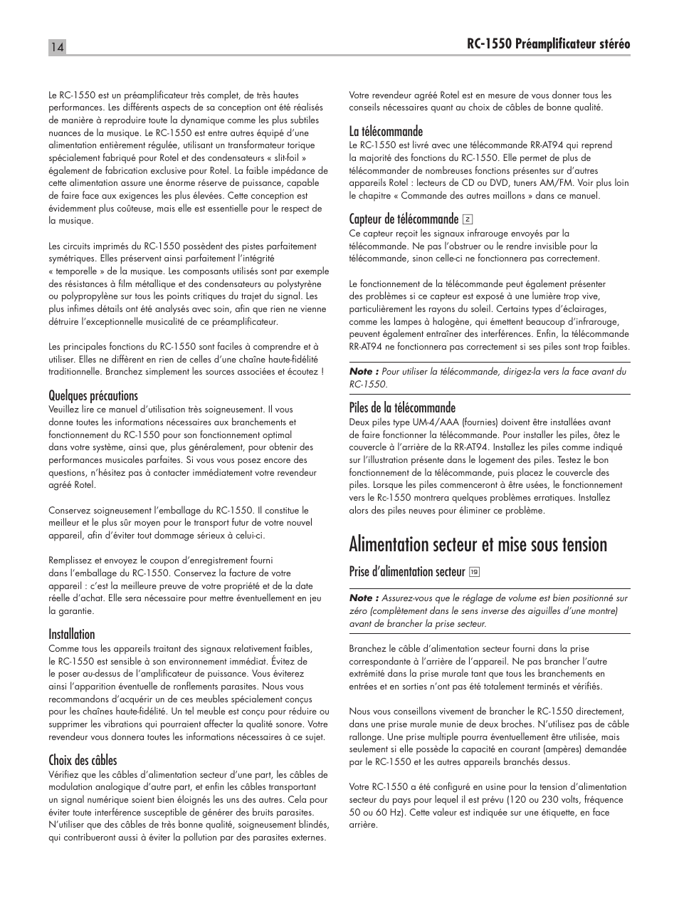 Alimentation secteur et mise sous tension, Rc-1550 préamplificateur stéréo, Quelques précautions | Installation, Choix des câbles, La télécommande, Capteur de télécommande, Piles de la télécommande, Prise d’alimentation secteur | ROTEL RC-1550 User Manual | Page 14 / 64