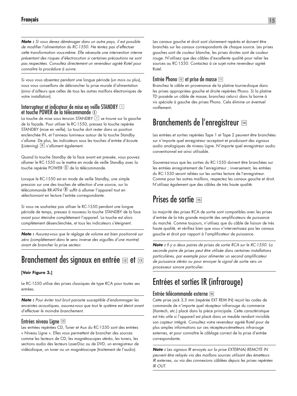 Branchement des signaux en entrée, Branchements de l’enregistreur, Prises de sortie | Entrées et sorties ir (infrarouge) | ROTEL RC-1550 User Manual | Page 15 / 64