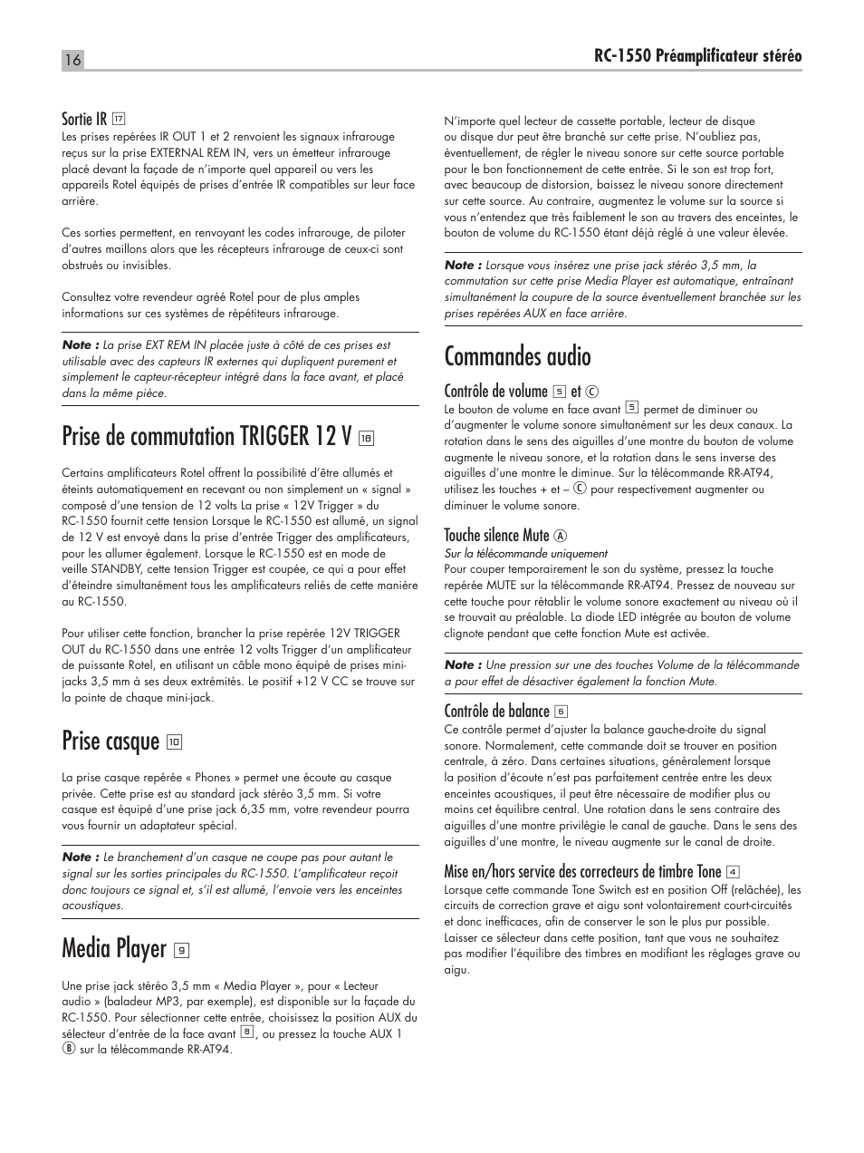 Commandes audio, Prise de commutation trigger 12 v, Prise casque | Media player | ROTEL RC-1550 User Manual | Page 16 / 64