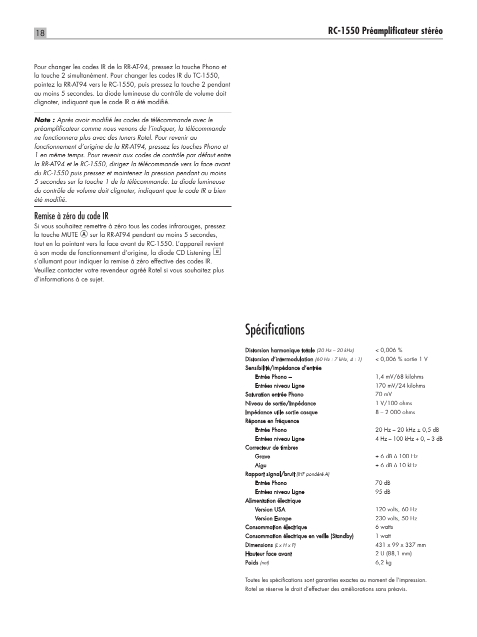 Spécifications, Rc-1550 préamplificateur stéréo, Remise à zéro du code ir | ROTEL RC-1550 User Manual | Page 18 / 64