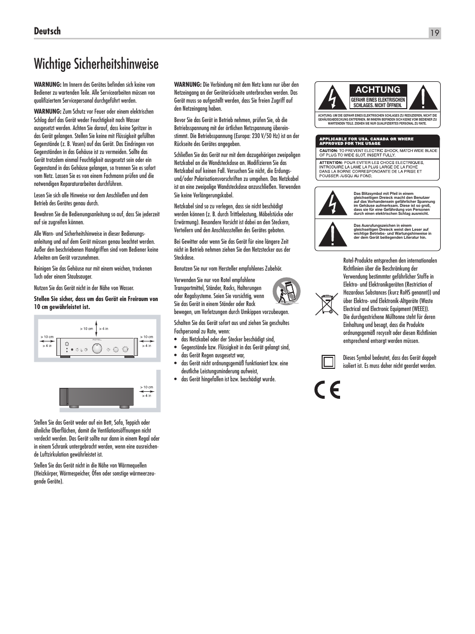 Wichtige sicherheitshinweise, Deutsch, Achtung | ROTEL RC-1550 User Manual | Page 19 / 64