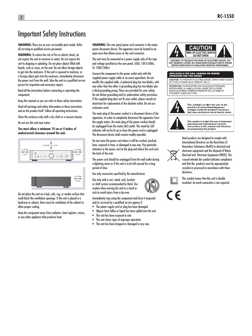 Important safety instructions, Rc-1550 | ROTEL RC-1550 User Manual | Page 2 / 64