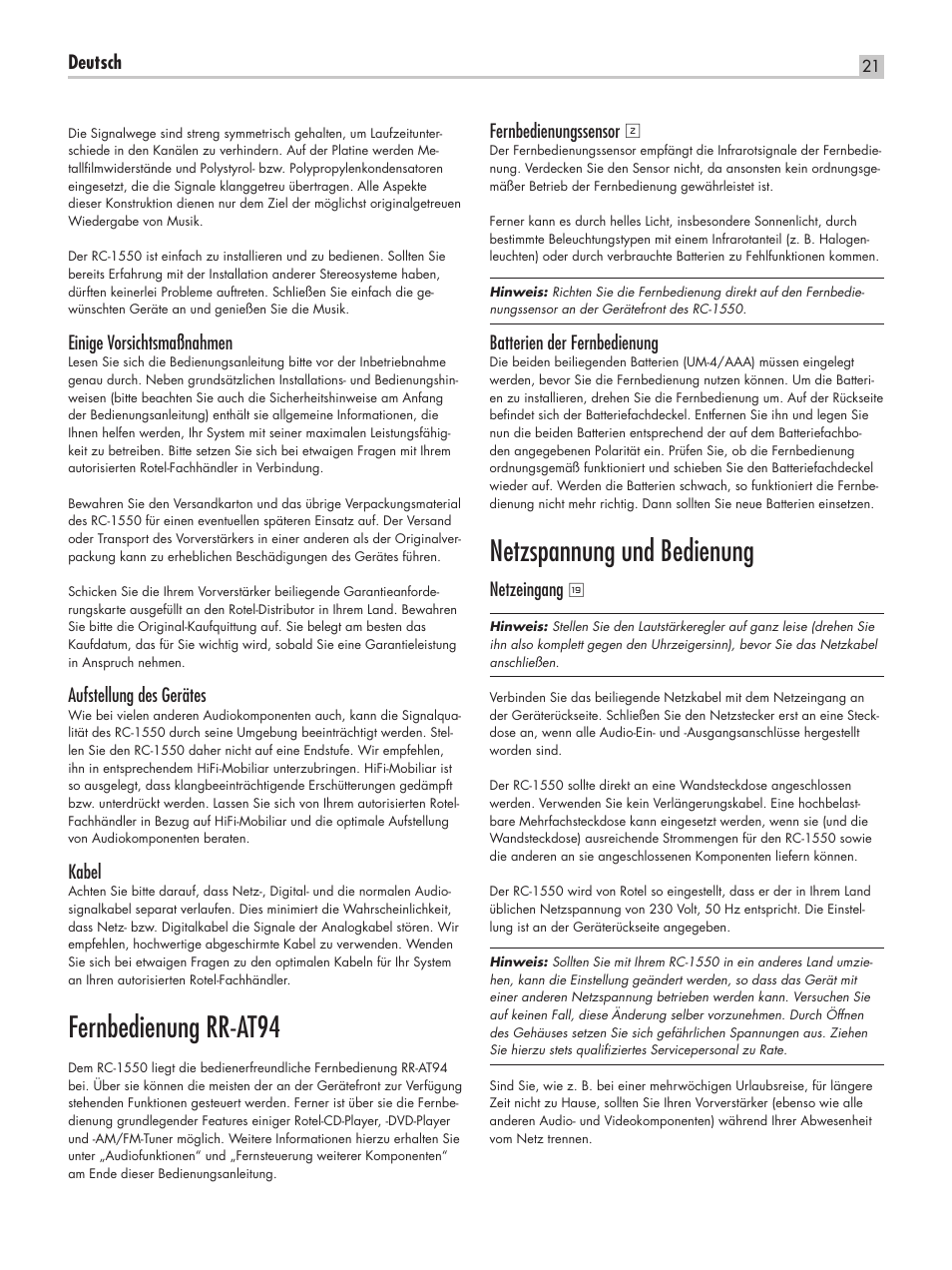 Fernbedienung rr-at94, Netzspannung und bedienung, Deutsch | Einige vorsichtsmaßnahmen, Aufstellung des gerätes, Kabel, Fernbedienungssensor, Batterien der fernbedienung, Netzeingang | ROTEL RC-1550 User Manual | Page 21 / 64