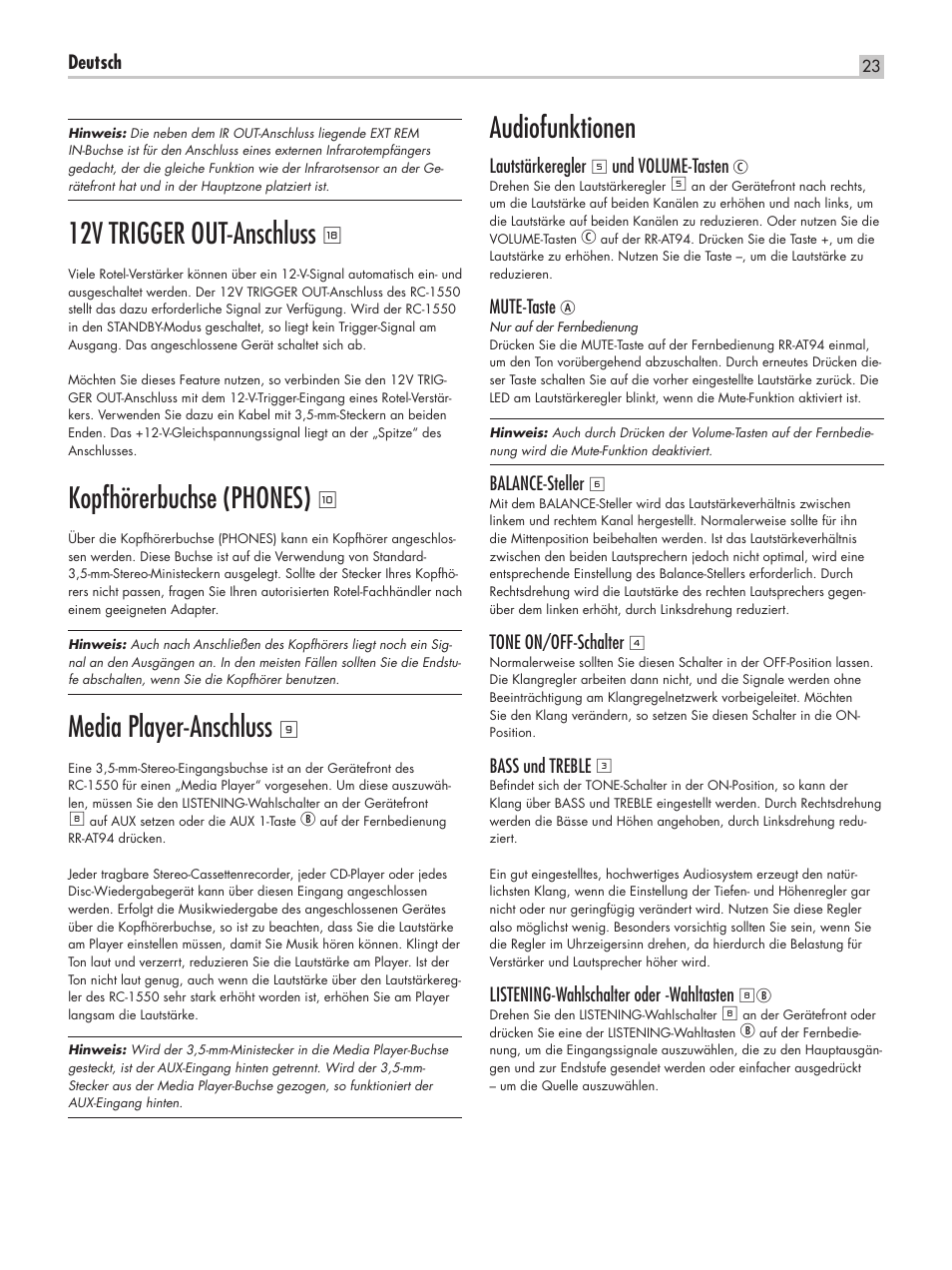 Audiofunktionen, 12v trigger out-anschluss, Kopfhörerbuchse (phones) | Media player-anschluss | ROTEL RC-1550 User Manual | Page 23 / 64