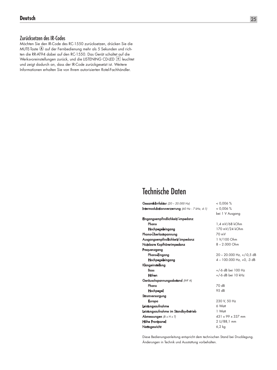 Technische daten, Deutsch, Zurücksetzen des ir-codes | ROTEL RC-1550 User Manual | Page 25 / 64