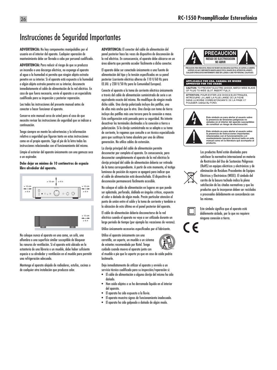 Instrucciones de seguridad importantes, Rc-1550 preamplificador estereofónico, Precaucion | ROTEL RC-1550 User Manual | Page 26 / 64