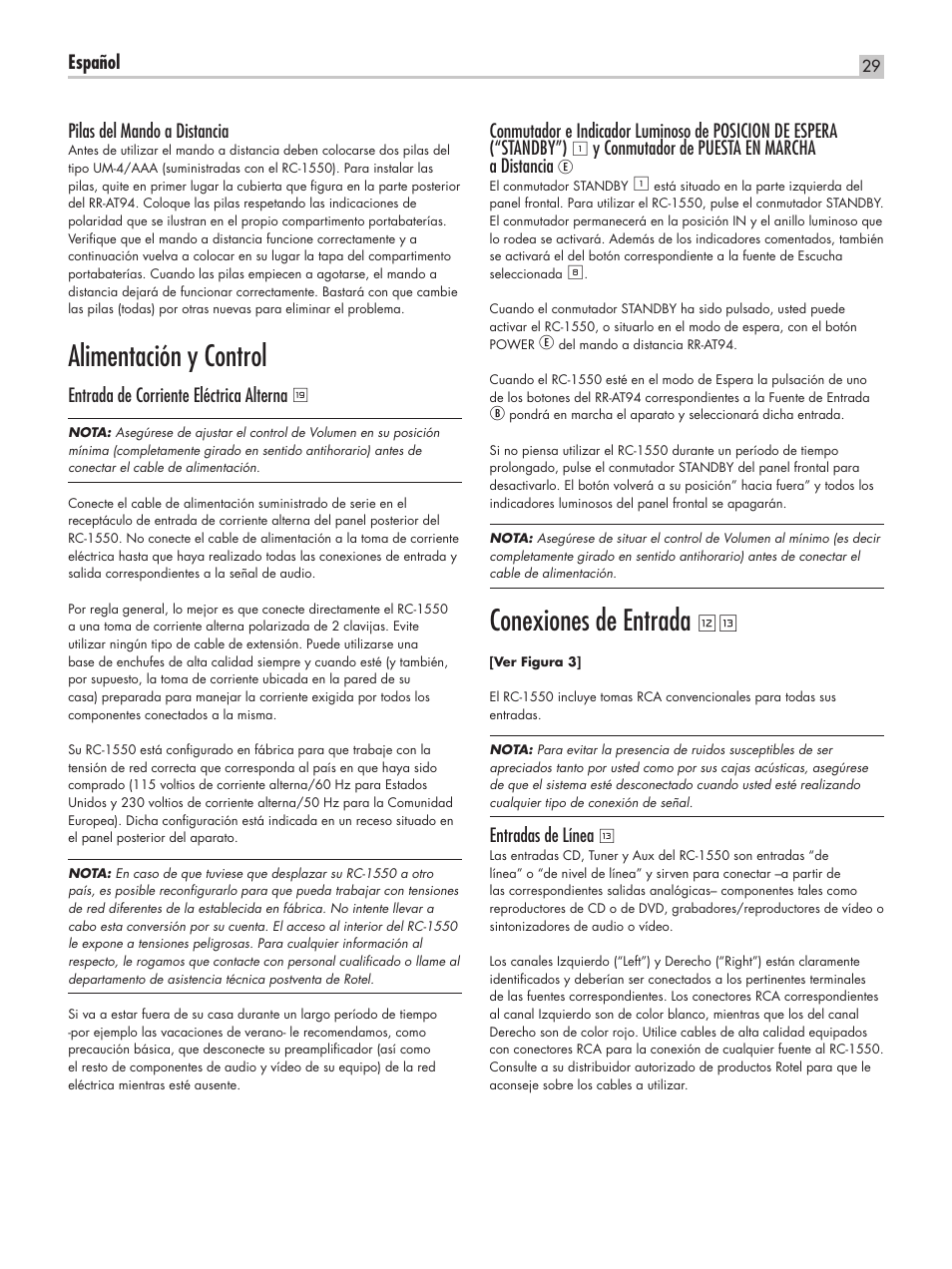 Alimentación y control, Conexiones de entrada | ROTEL RC-1550 User Manual | Page 29 / 64