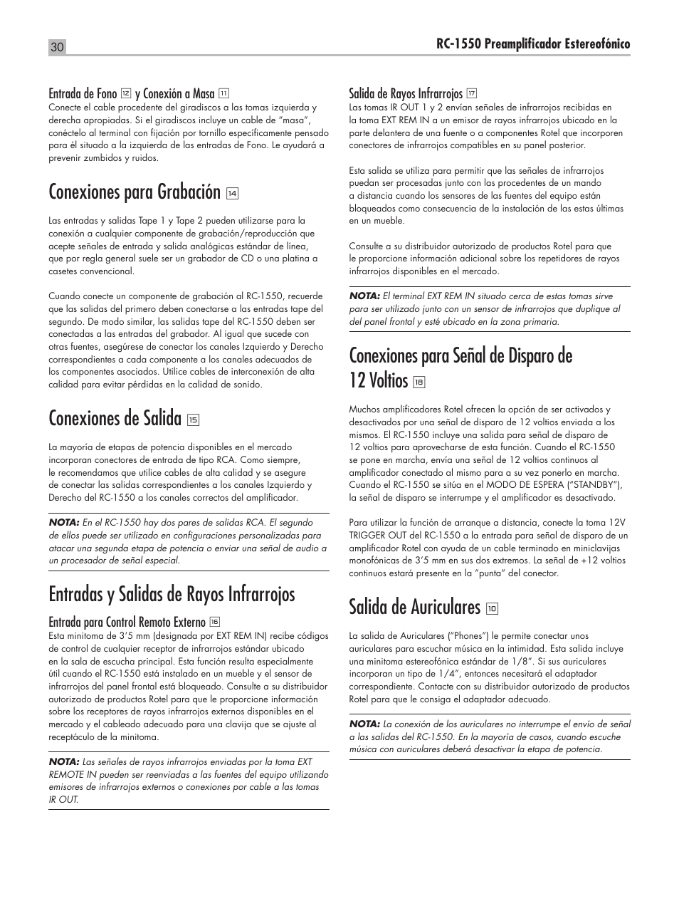 Conexiones para señal de disparo de 12 voltios, Salida de auriculares, Conexiones para grabación | Conexiones de salida, Entradas y salidas de rayos infrarrojos | ROTEL RC-1550 User Manual | Page 30 / 64