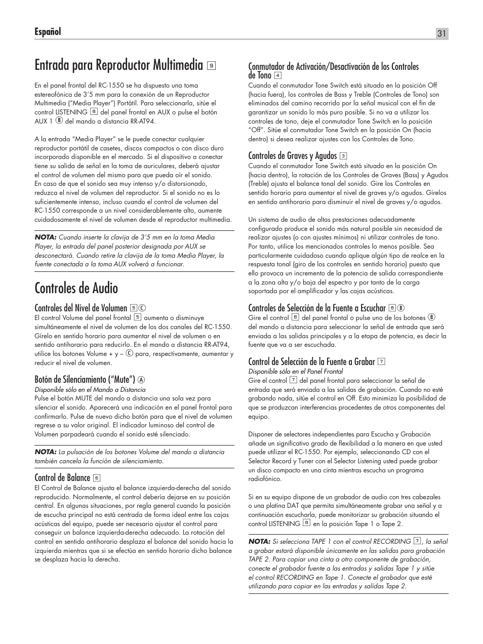 Entrada para reproductor multimedia, Controles de audio | ROTEL RC-1550 User Manual | Page 31 / 64