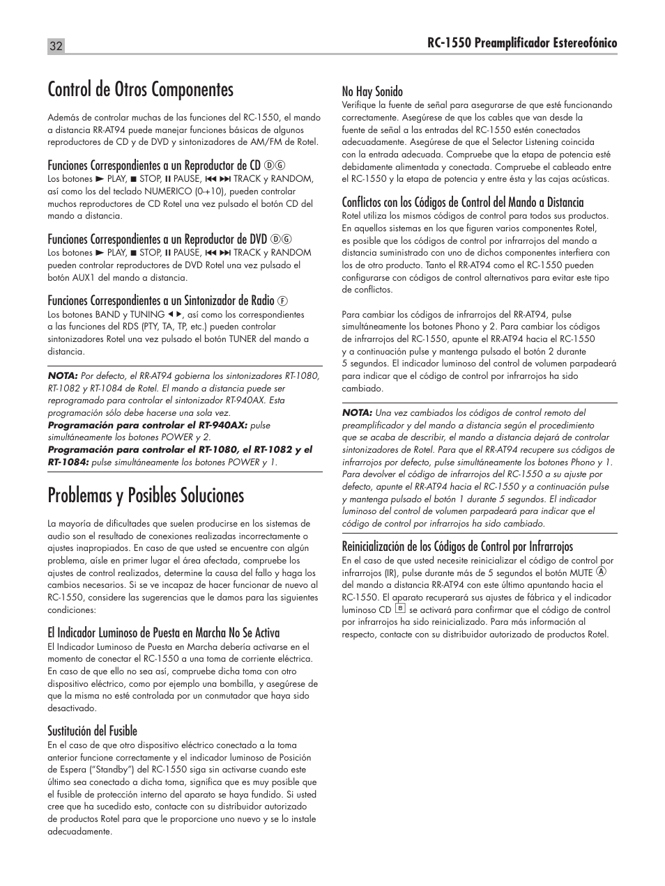 Control de otros componentes, Problemas y posibles soluciones, Rc-1550 preamplificador estereofónico | Sustitución del fusible, No hay sonido | ROTEL RC-1550 User Manual | Page 32 / 64