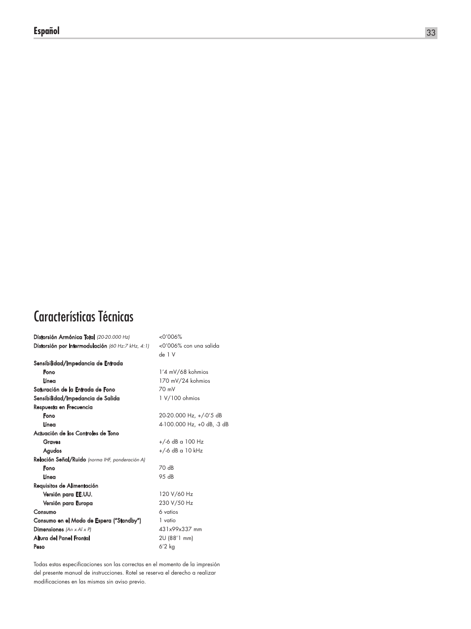 Características técnicas, Español | ROTEL RC-1550 User Manual | Page 33 / 64