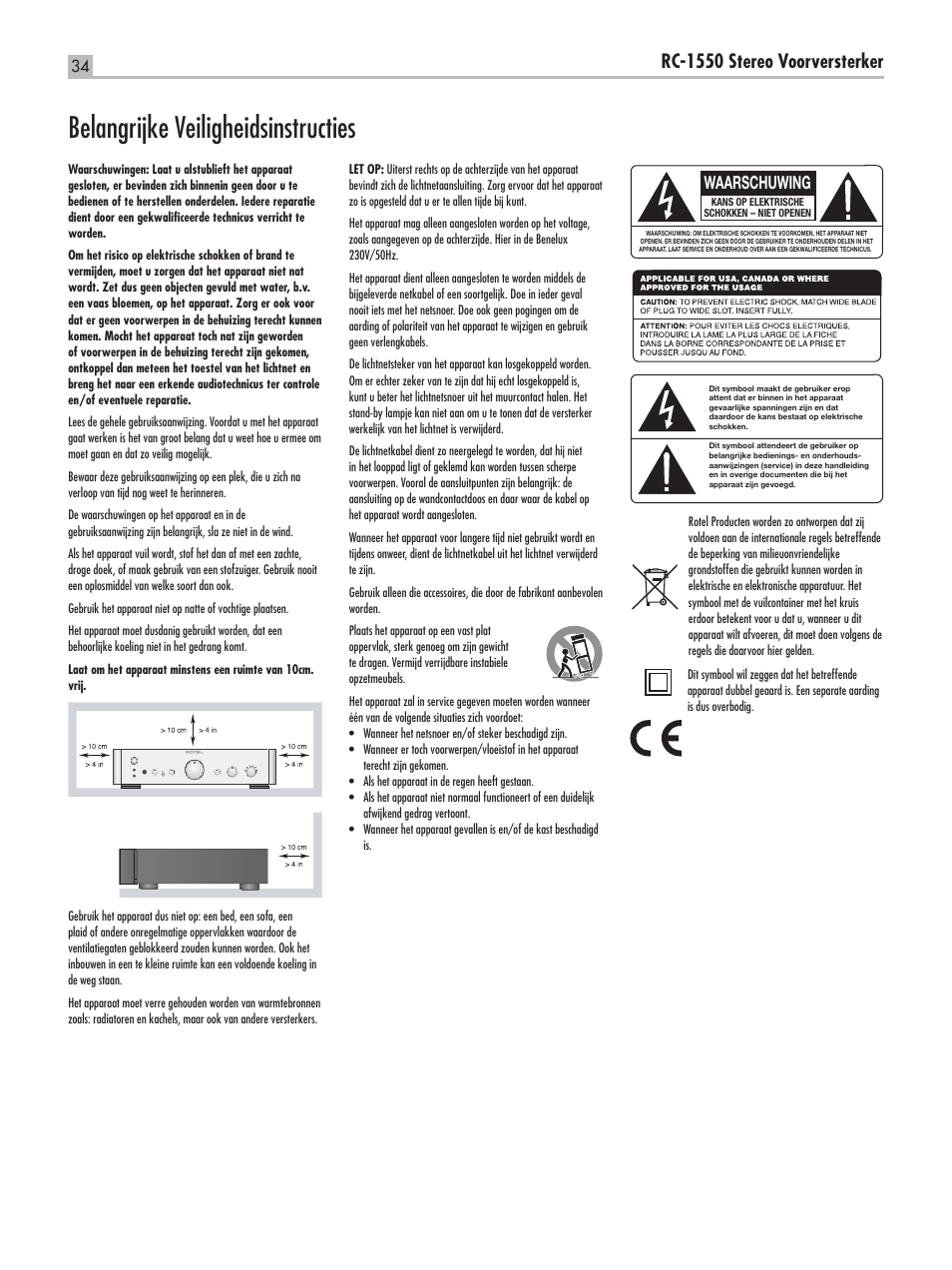 Belangrijke veiligheidsinstructies, Rc-1550 stereo voorversterker, Waarschuwing | ROTEL RC-1550 User Manual | Page 34 / 64