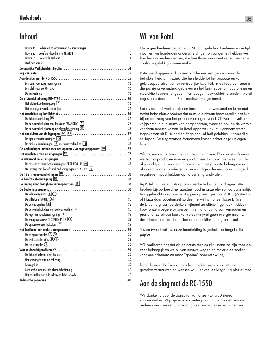 Wij van rotel, Aan de slag met de rc-1550, Inhoud | Nederlands | ROTEL RC-1550 User Manual | Page 35 / 64