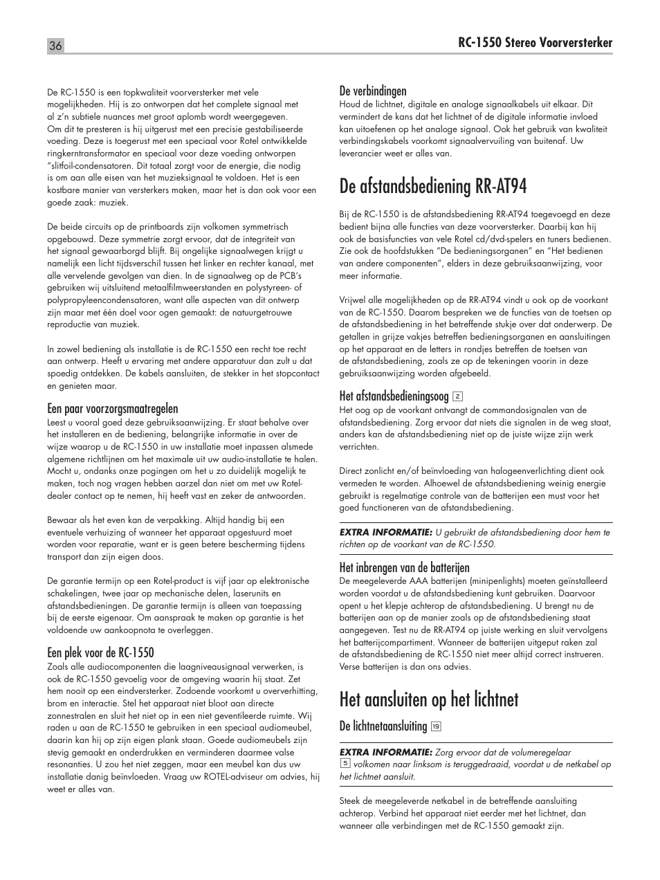 De afstandsbediening rr-at94, Het aansluiten op het lichtnet | ROTEL RC-1550 User Manual | Page 36 / 64