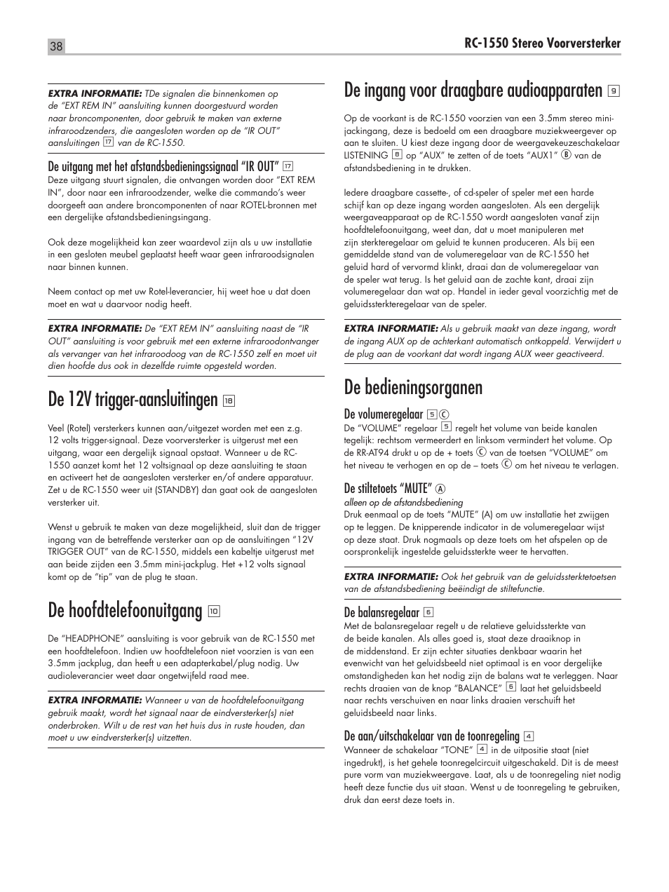 De ingang voor draagbare audioapparaten, De bedieningsorganen, De 12v trigger-aansluitingen | De hoofdtelefoonuitgang | ROTEL RC-1550 User Manual | Page 38 / 64