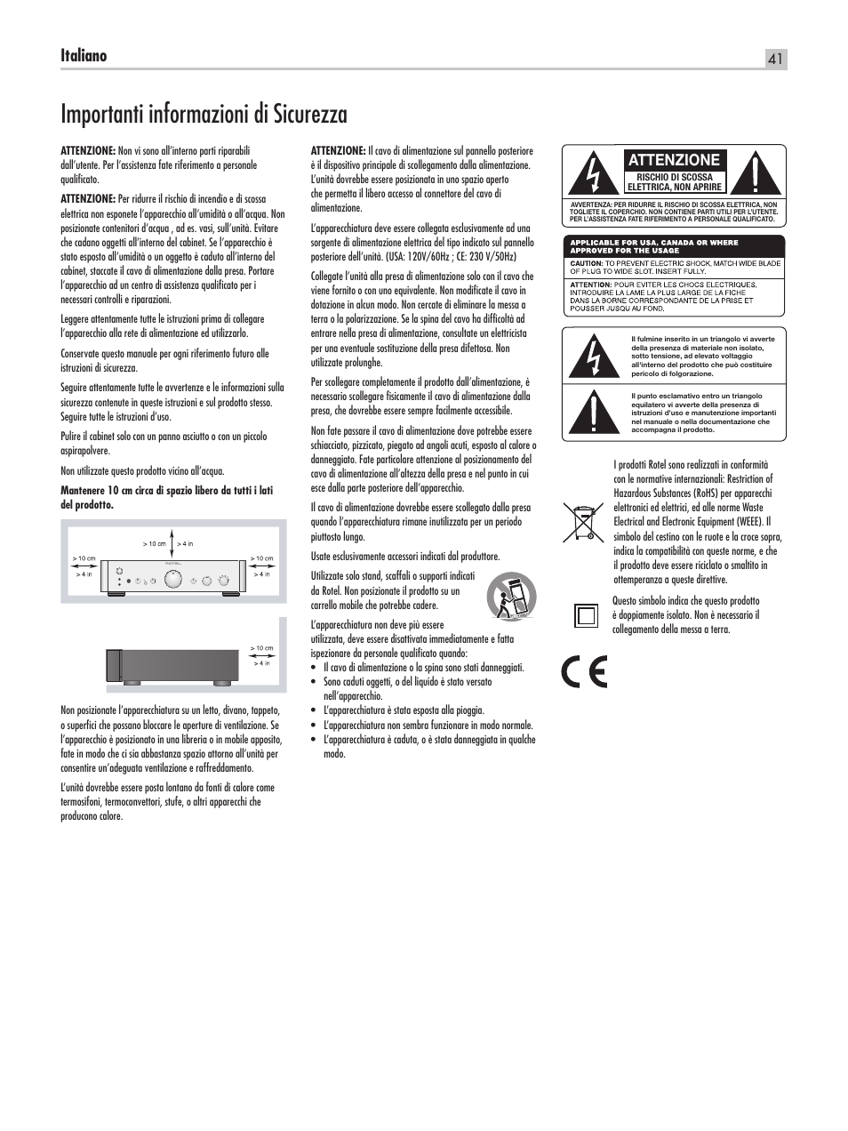 Importanti informazioni di sicurezza, Italiano, Attenzione | ROTEL RC-1550 User Manual | Page 41 / 64