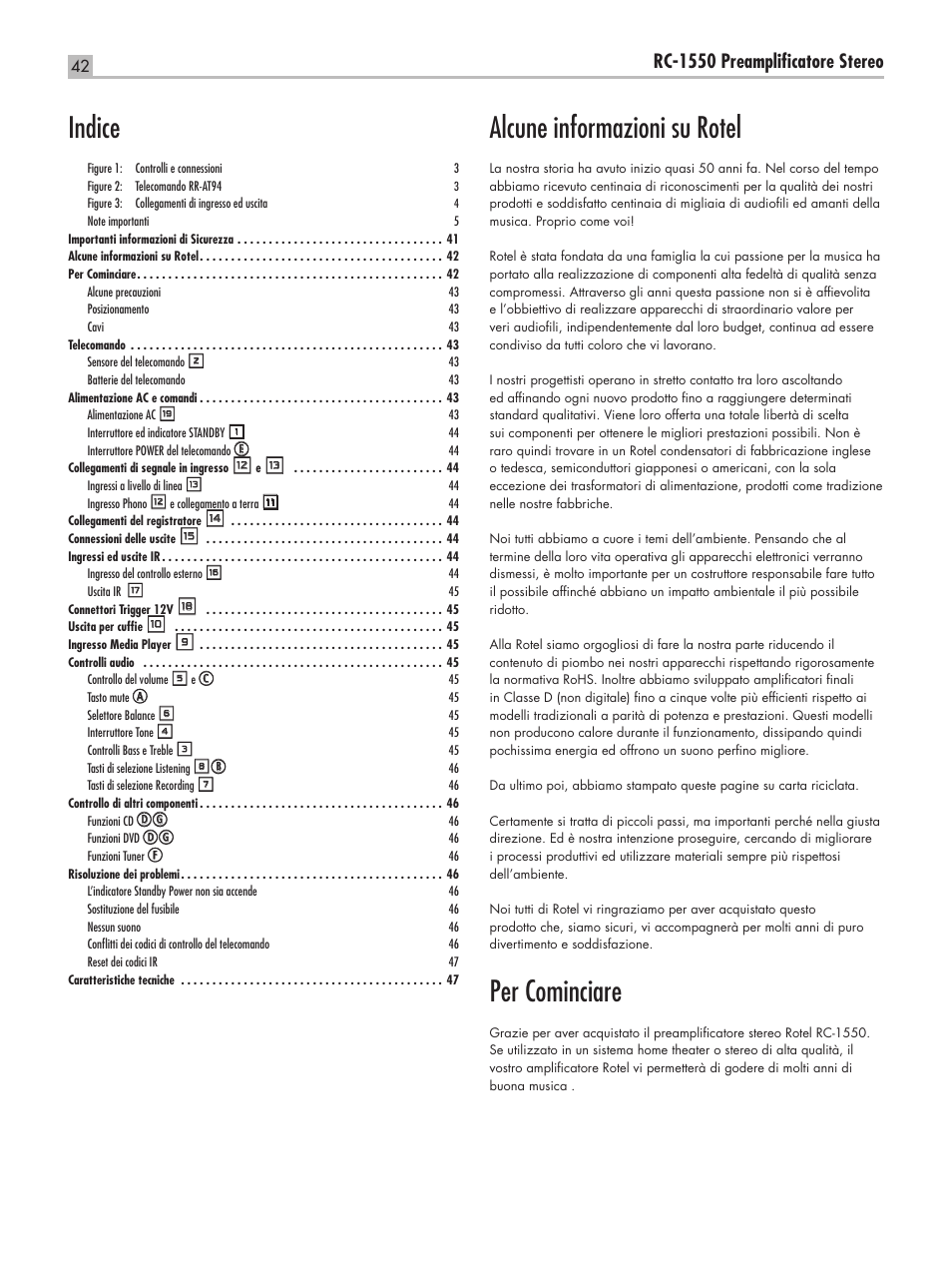 Alcune informazioni su rotel, Per cominciare, Indice | Rc-1550 preamplificatore stereo | ROTEL RC-1550 User Manual | Page 42 / 64