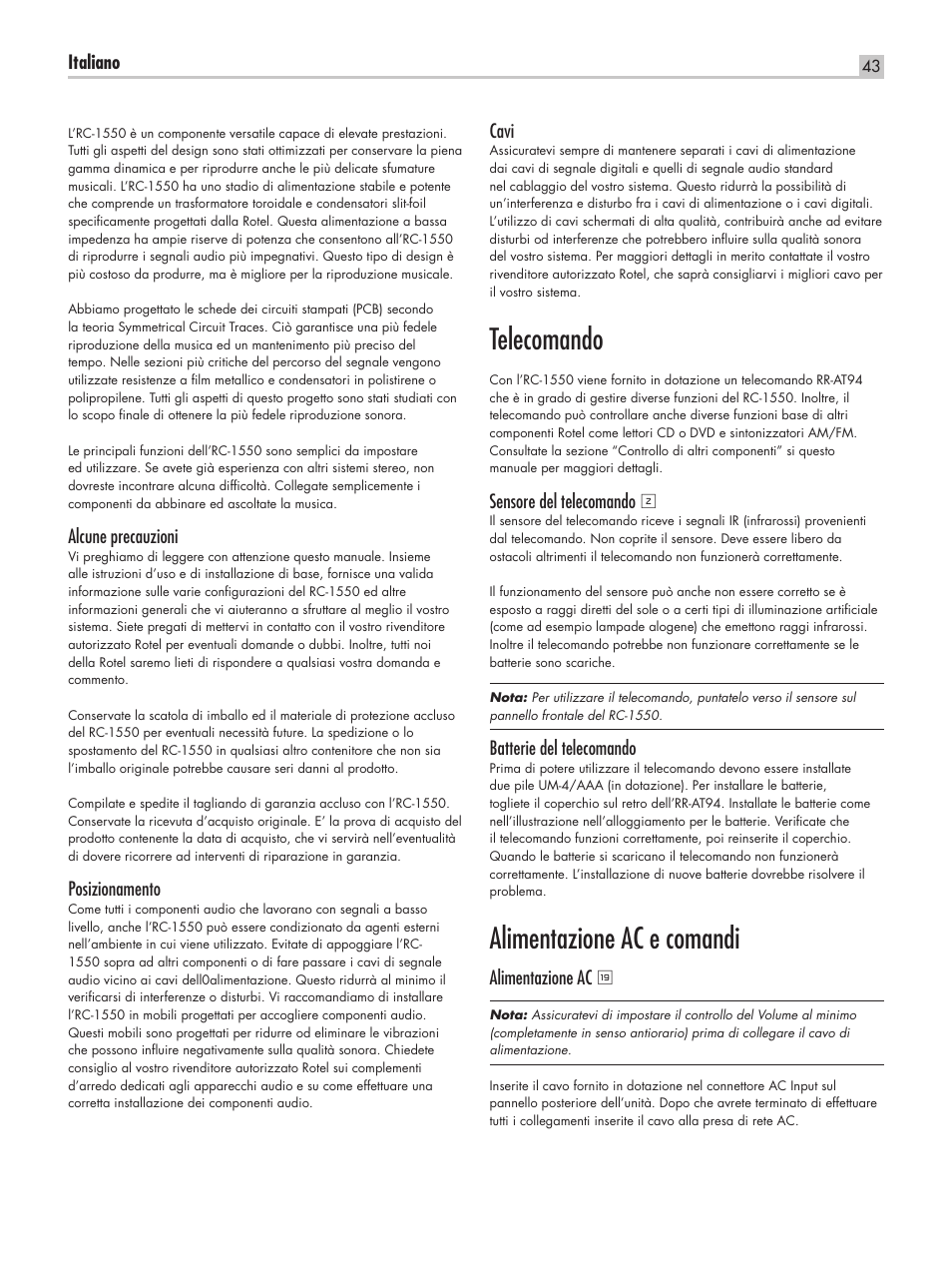 Telecomando, Alimentazione ac e comandi | ROTEL RC-1550 User Manual | Page 43 / 64