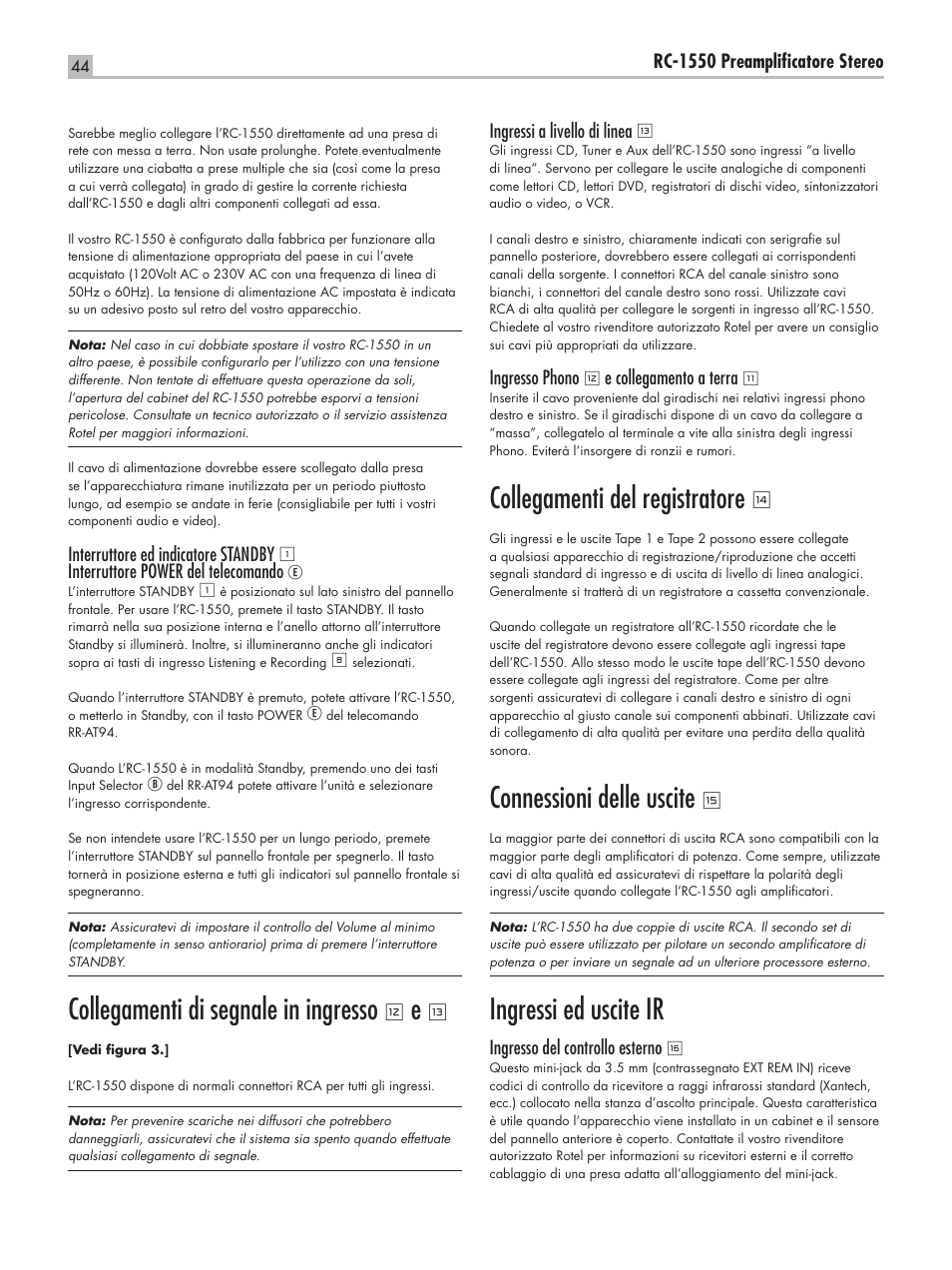 Collegamenti di segnale in ingresso, Collegamenti del registratore, Connessioni delle uscite | Ingressi ed uscite ir | ROTEL RC-1550 User Manual | Page 44 / 64