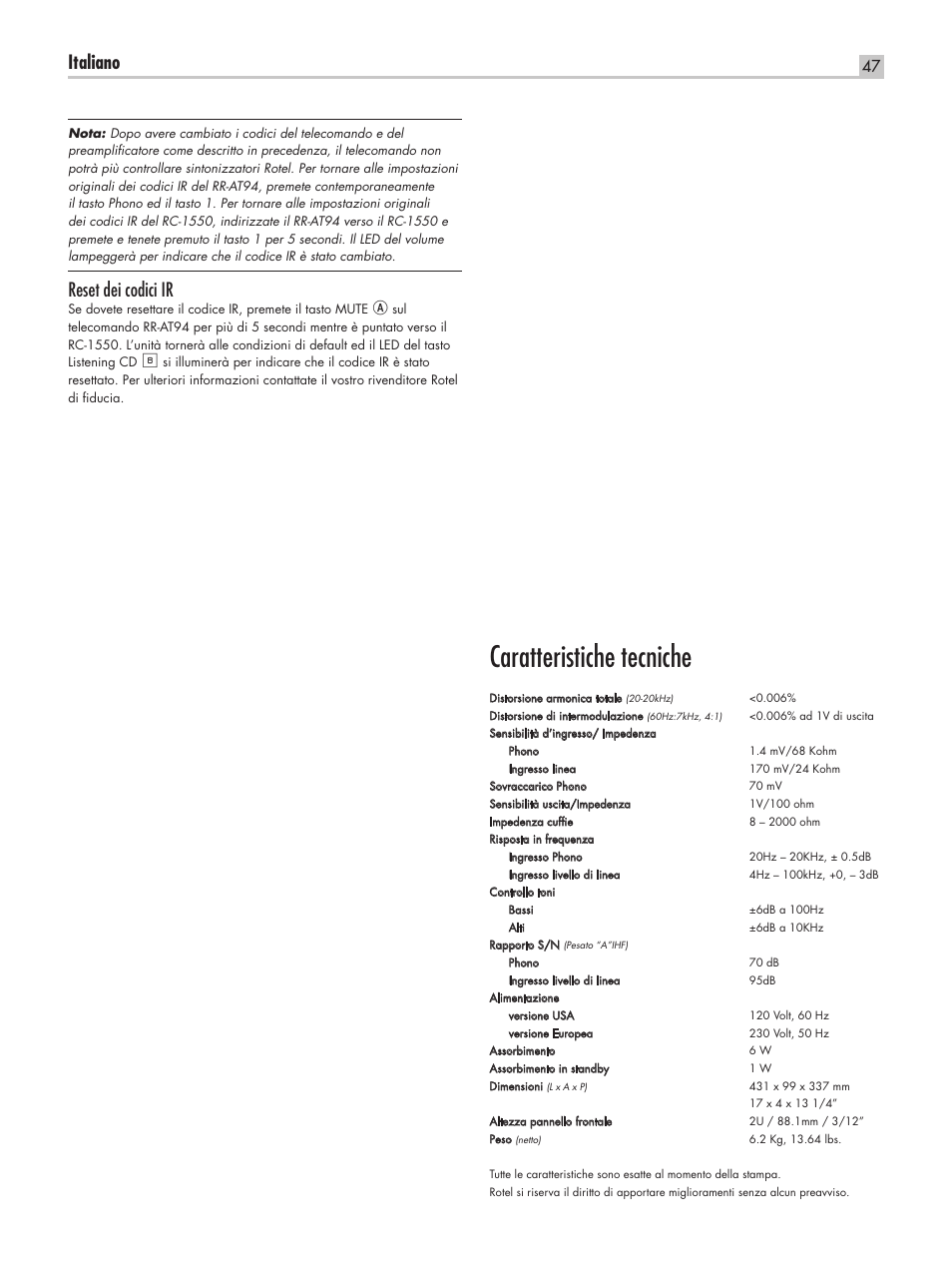 Caratteristiche tecniche, Italiano, Reset dei codici ir | ROTEL RC-1550 User Manual | Page 47 / 64