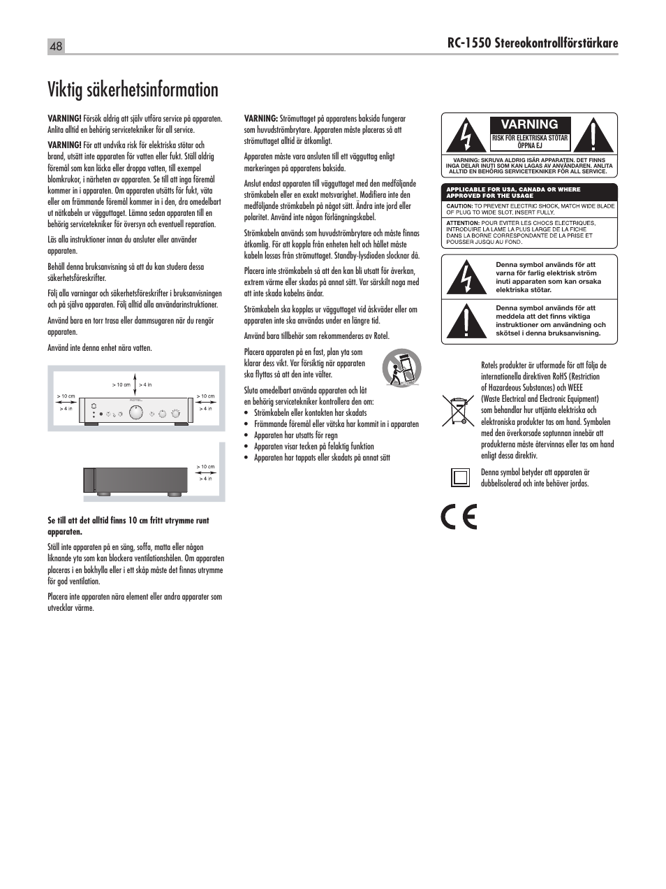 Viktig säkerhetsinformation, Rc-1550 stereokontrollförstärkare, Varning | ROTEL RC-1550 User Manual | Page 48 / 64