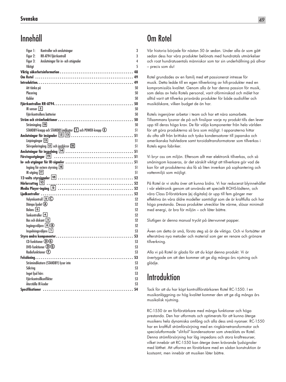 Om rotel, Introduktion, Innehåll | Svenska | ROTEL RC-1550 User Manual | Page 49 / 64