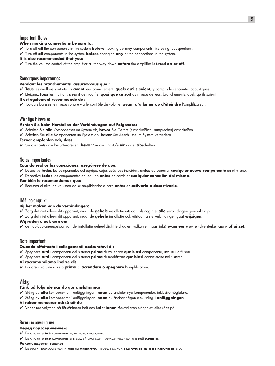 Remarques importantes, Wichtige hinweise, Notas importantes | Héél belangrijk, Viktigt, З‡км˚в б‡пв˜‡млﬂ | ROTEL RC-1550 User Manual | Page 5 / 64