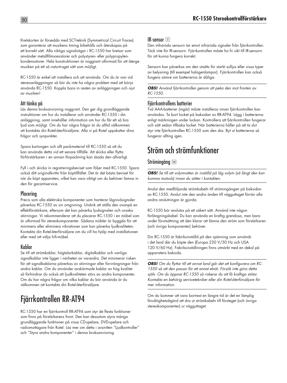 Fjärrkontrollen rr-at94, Ström och strömfunktioner, Rc-1550 stereokontrollförstärkare | Att tänka på, Placering, Kablar, Ir-sensor, Fjärrkontrollens batterier, Strömingång | ROTEL RC-1550 User Manual | Page 50 / 64