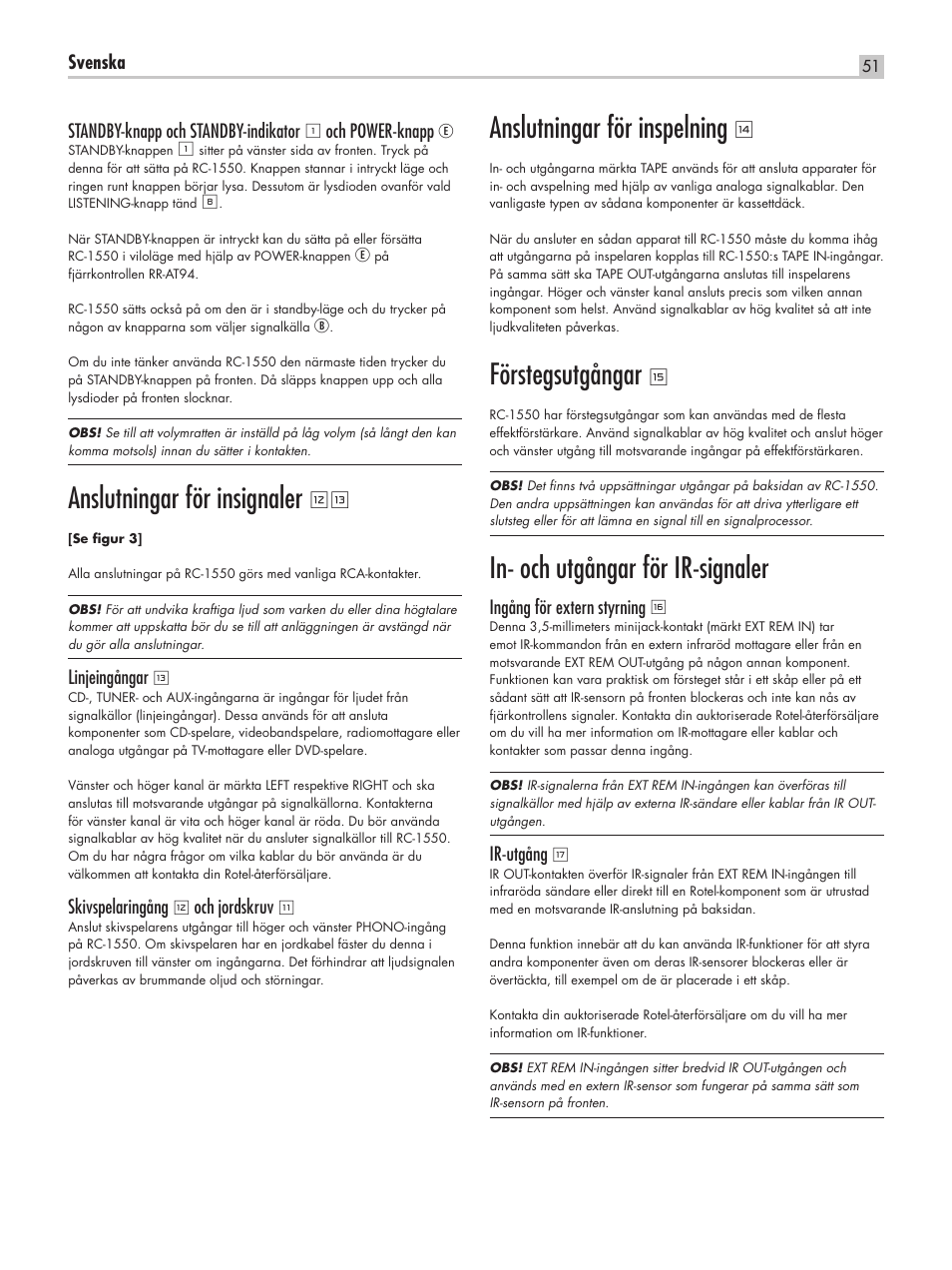 Anslutningar för insignaler, Anslutningar för inspelning, Förstegsutgångar | In- och utgångar för ir-signaler | ROTEL RC-1550 User Manual | Page 51 / 64