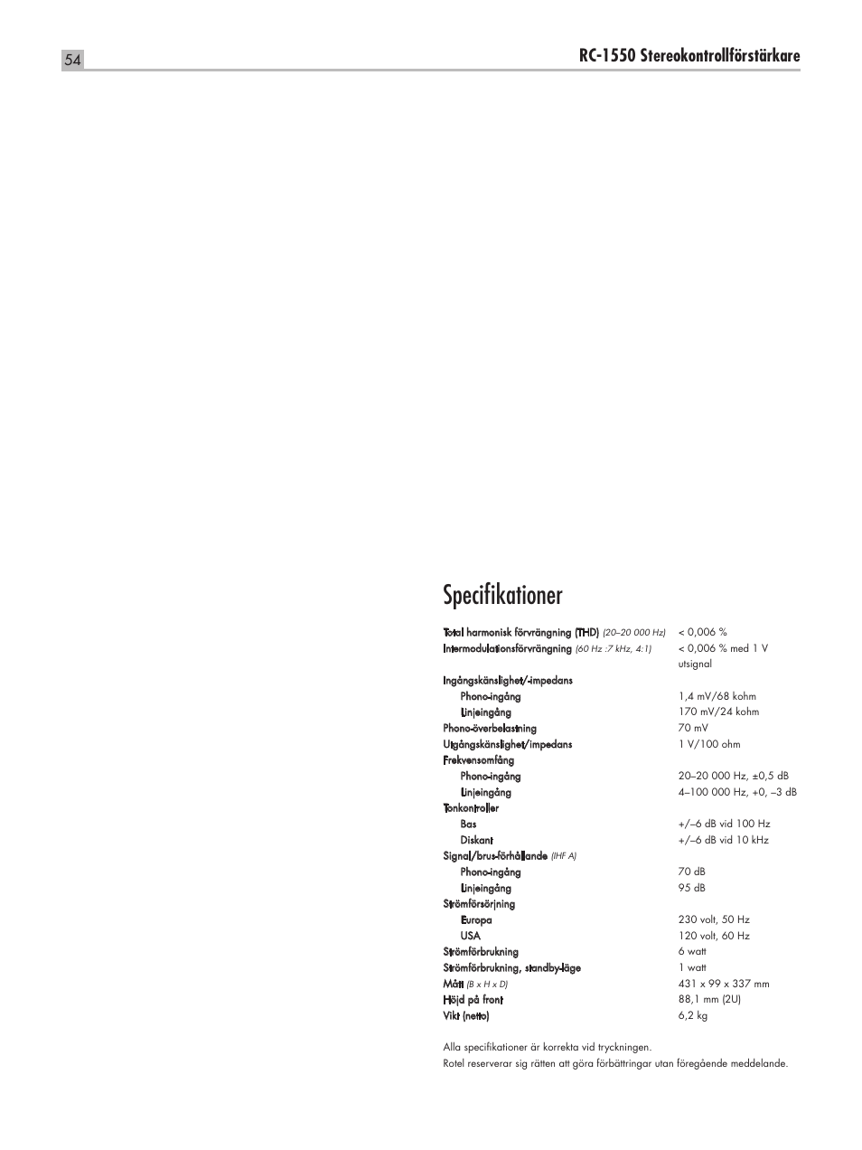 Specifikationer, Rc-1550 stereokontrollförstärkare | ROTEL RC-1550 User Manual | Page 54 / 64