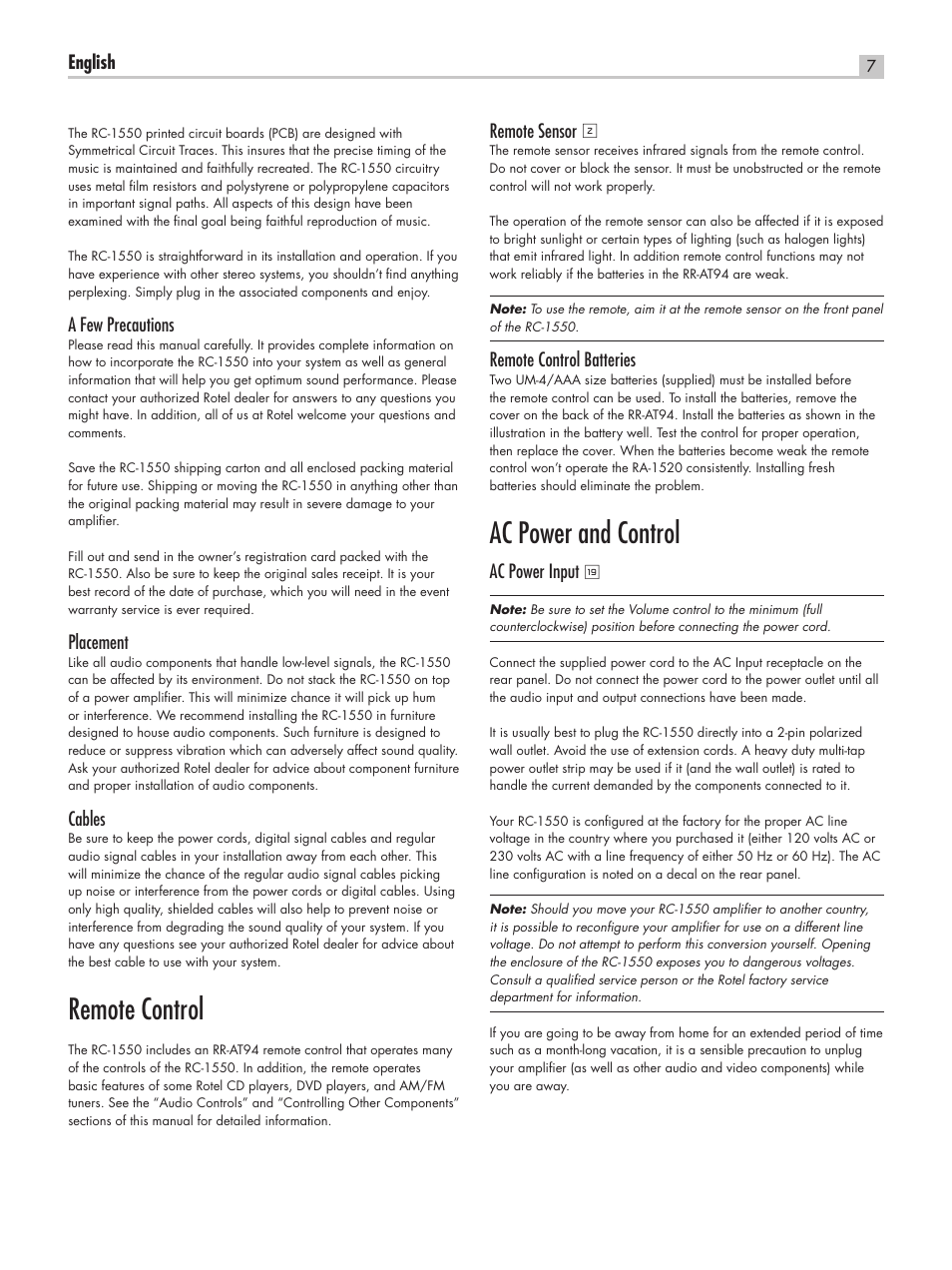 Remote control, Ac power and control, English | A few precautions, Placement, Cables, Remote sensor, Remote control batteries, Ac power input | ROTEL RC-1550 User Manual | Page 7 / 64