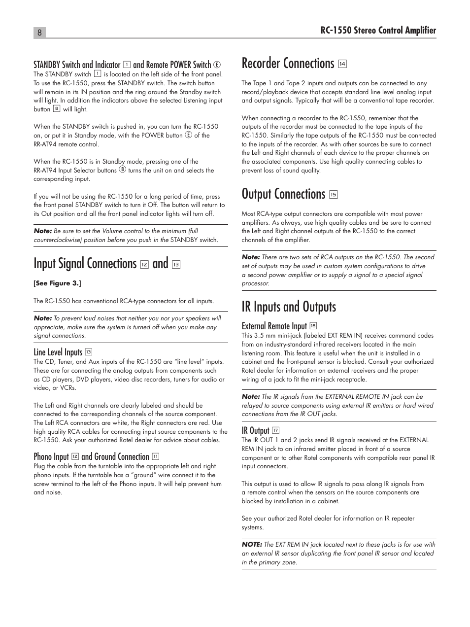 Input signal connections, Recorder connections, Output connections | Ir inputs and outputs | ROTEL RC-1550 User Manual | Page 8 / 64
