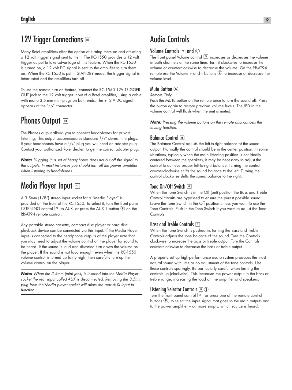 Audio controls, 12v trigger connections, Phones output | Media player input | ROTEL RC-1550 User Manual | Page 9 / 64