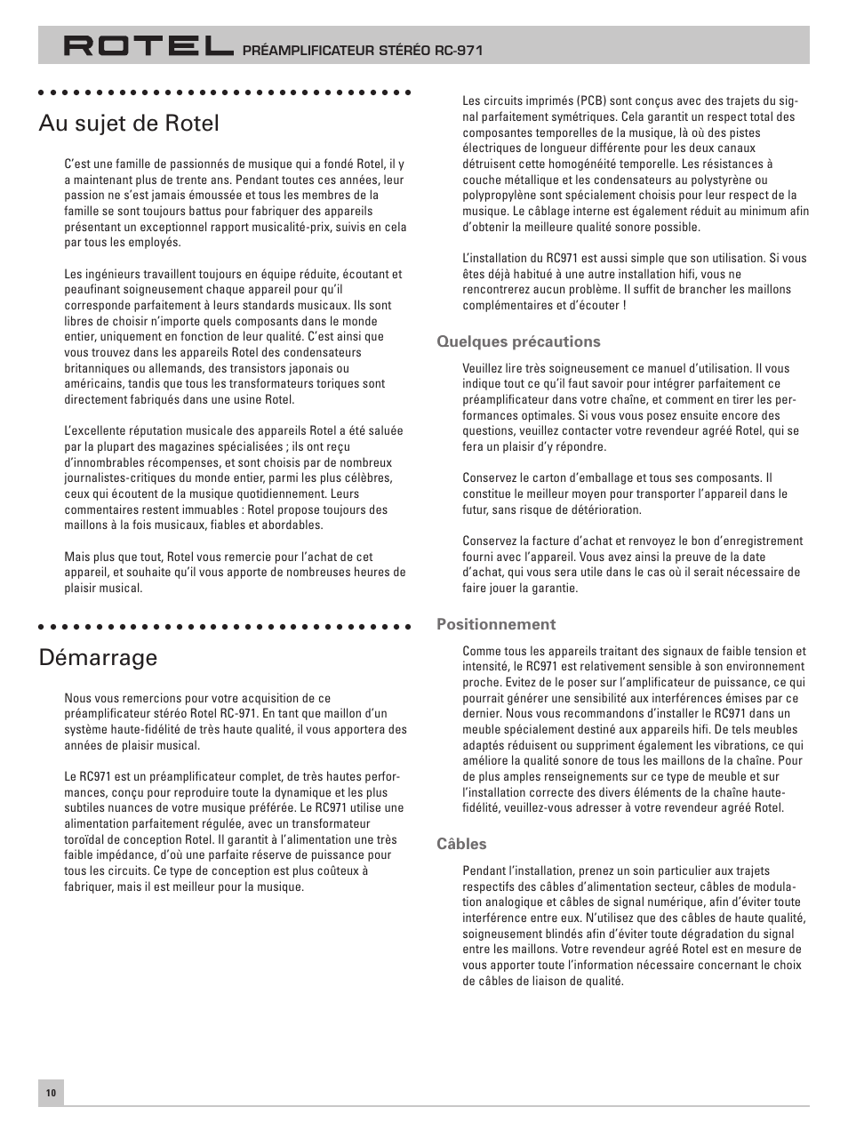 Au sujet de rotel, Démarrage | ROTEL RC-971 User Manual | Page 10 / 32