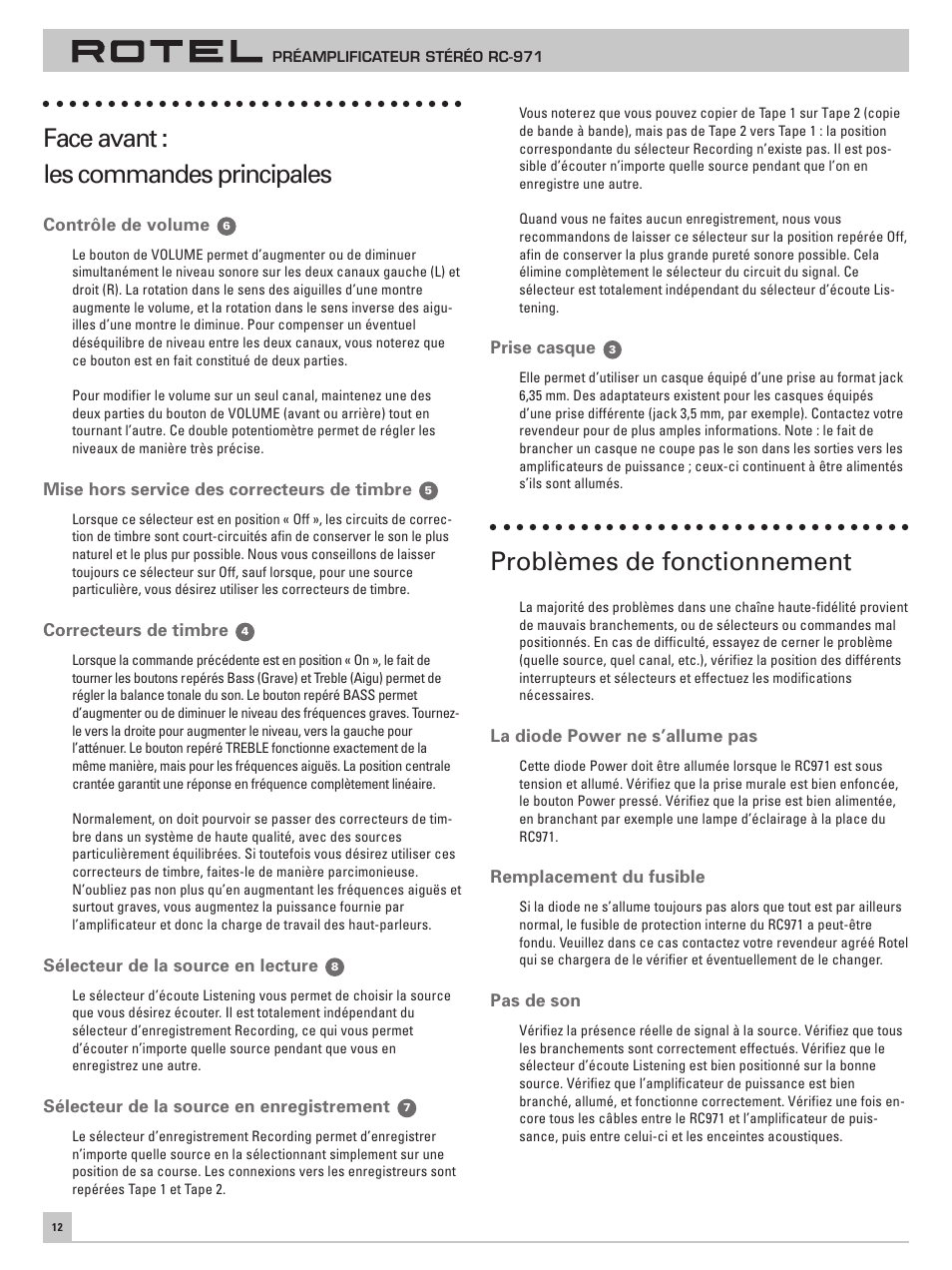 Face avant␣ : les commandes principales, Problèmes de fonctionnement | ROTEL RC-971 User Manual | Page 12 / 32