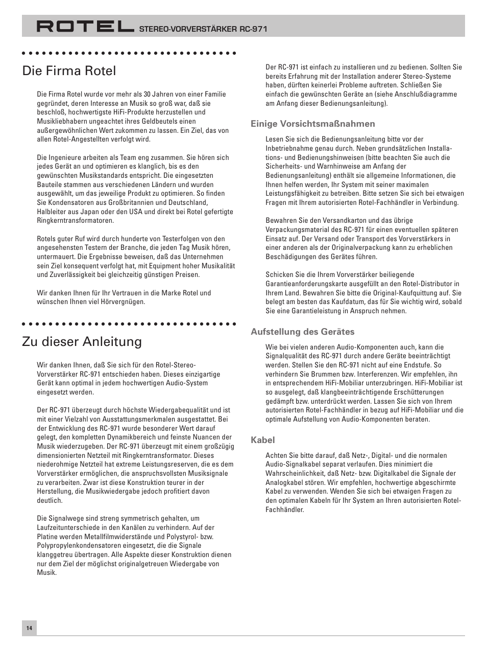 Die firma rotel, Zu dieser anleitung | ROTEL RC-971 User Manual | Page 14 / 32